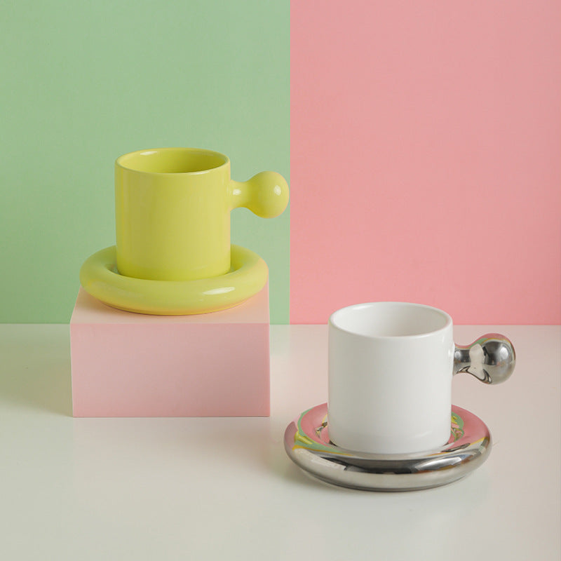 Knob Handle Ceramic Mug and Saucer