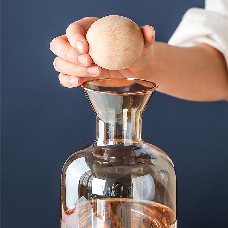 Glass Carafe and Cups with Wooden Ball Stopper