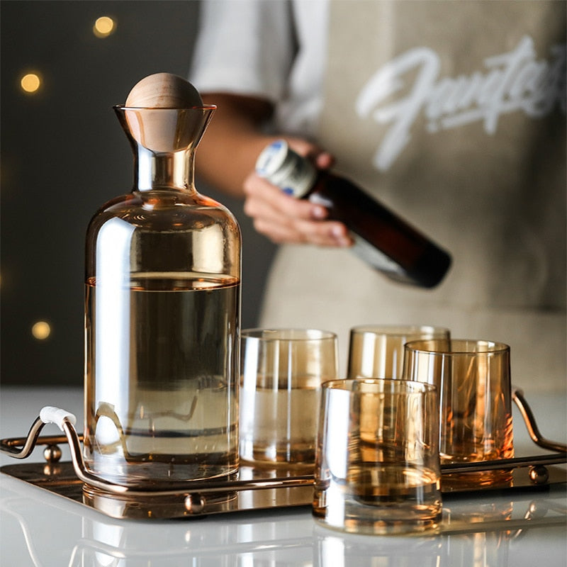 Glass Carafe and Cups with Wooden Ball Stopper